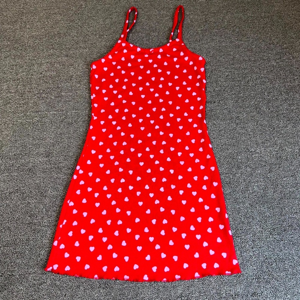 Cami Mini Dress Womens Medium Red Pink Heart Print Sleeveless Spaghetti Strap